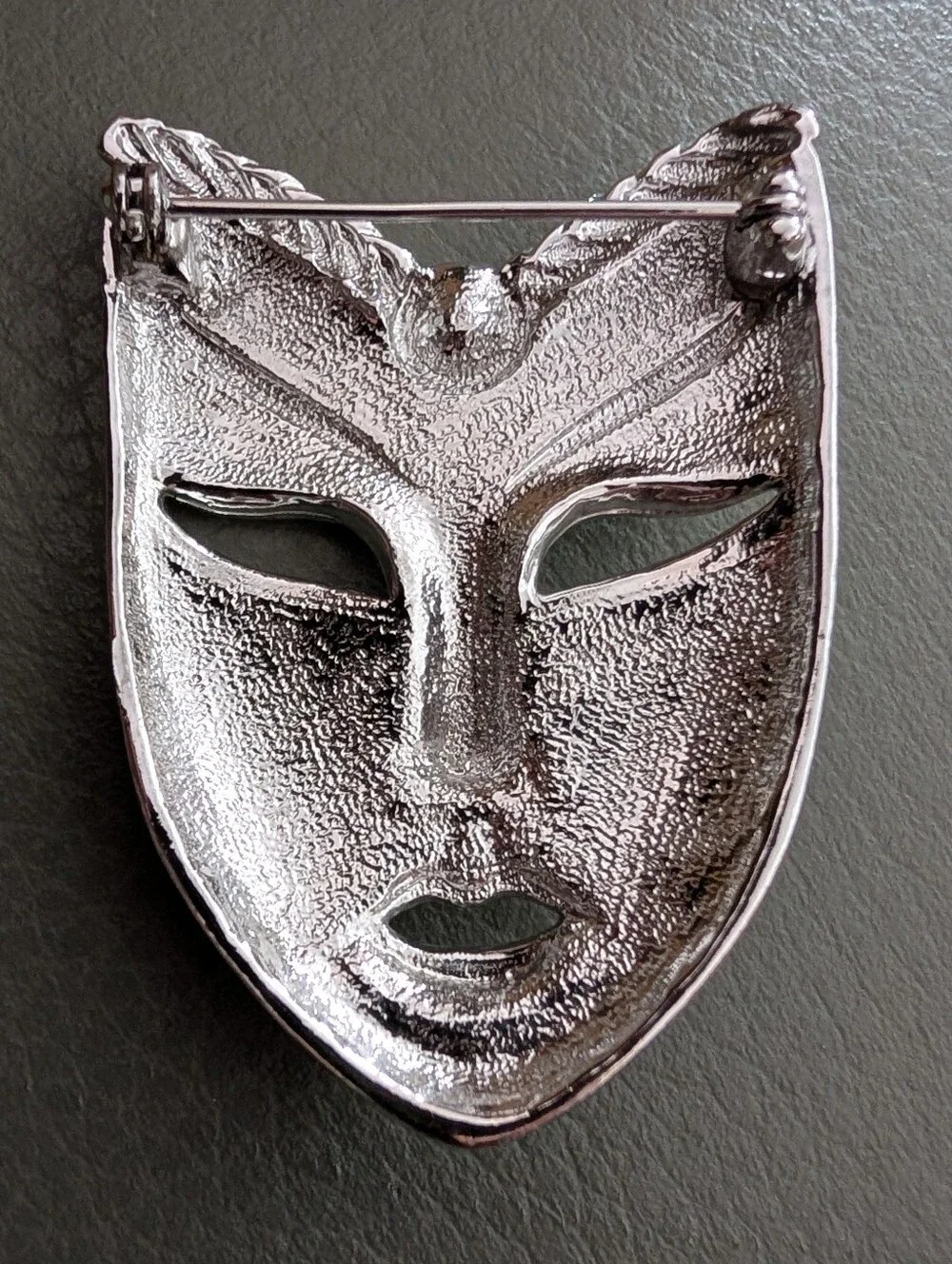Silver Decorative Theater Mask Brooch with Rhinestone Accent